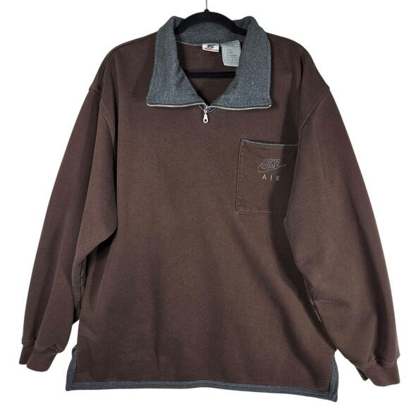 VTG Nike Air Sweatshirt Mens Large Brown Quarter Zip Pullover Pocket Embroidered - Picture 1 of 13